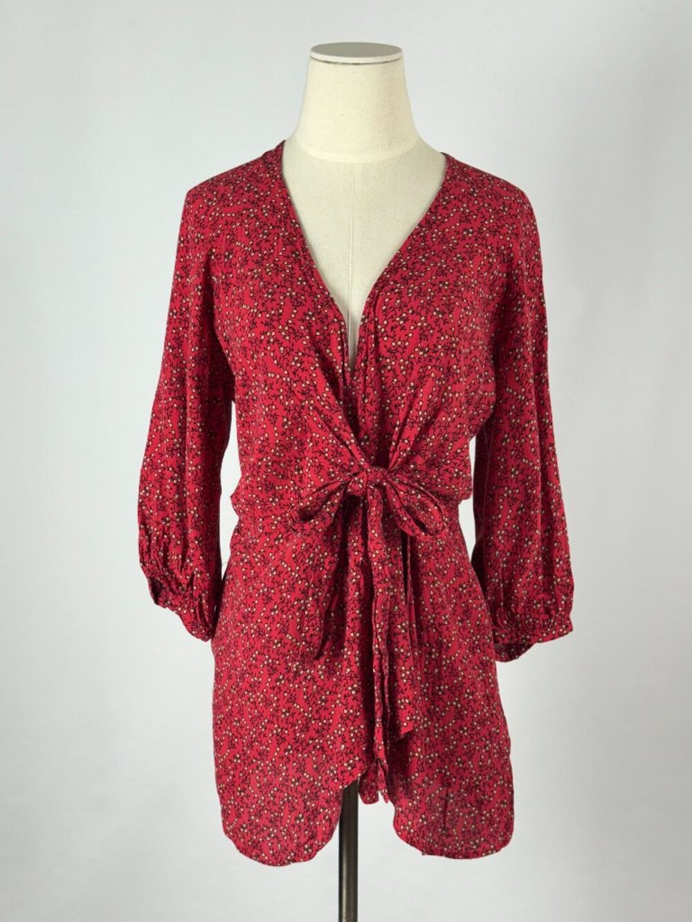 Free People Clara Red Ditsy Floral Wrap Tunic Mini Dress Bow Tie Front Twee